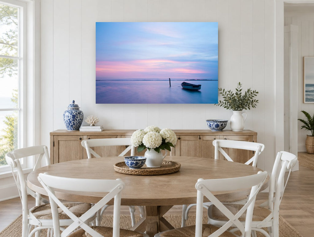 Moored at Dusk coastal canvas print on the wall of a Hamptons dining room