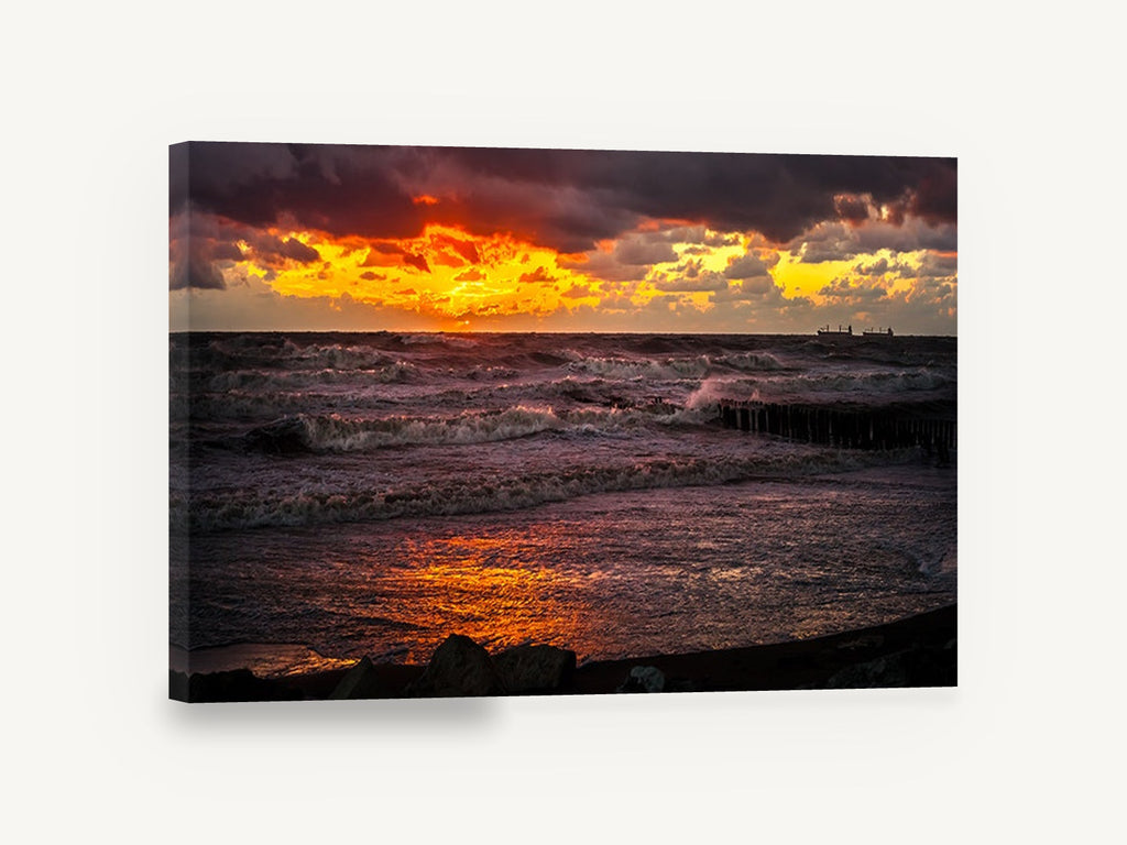 Ember Sky Storm Surf, fiery sunset stormy sea photograph, coastal canvas wall art print ready to hang