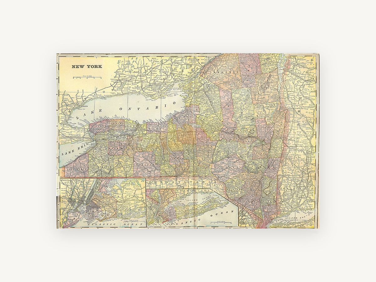 Empire State 1896 Map, antique map of new york state, city canvas wall art print, front view