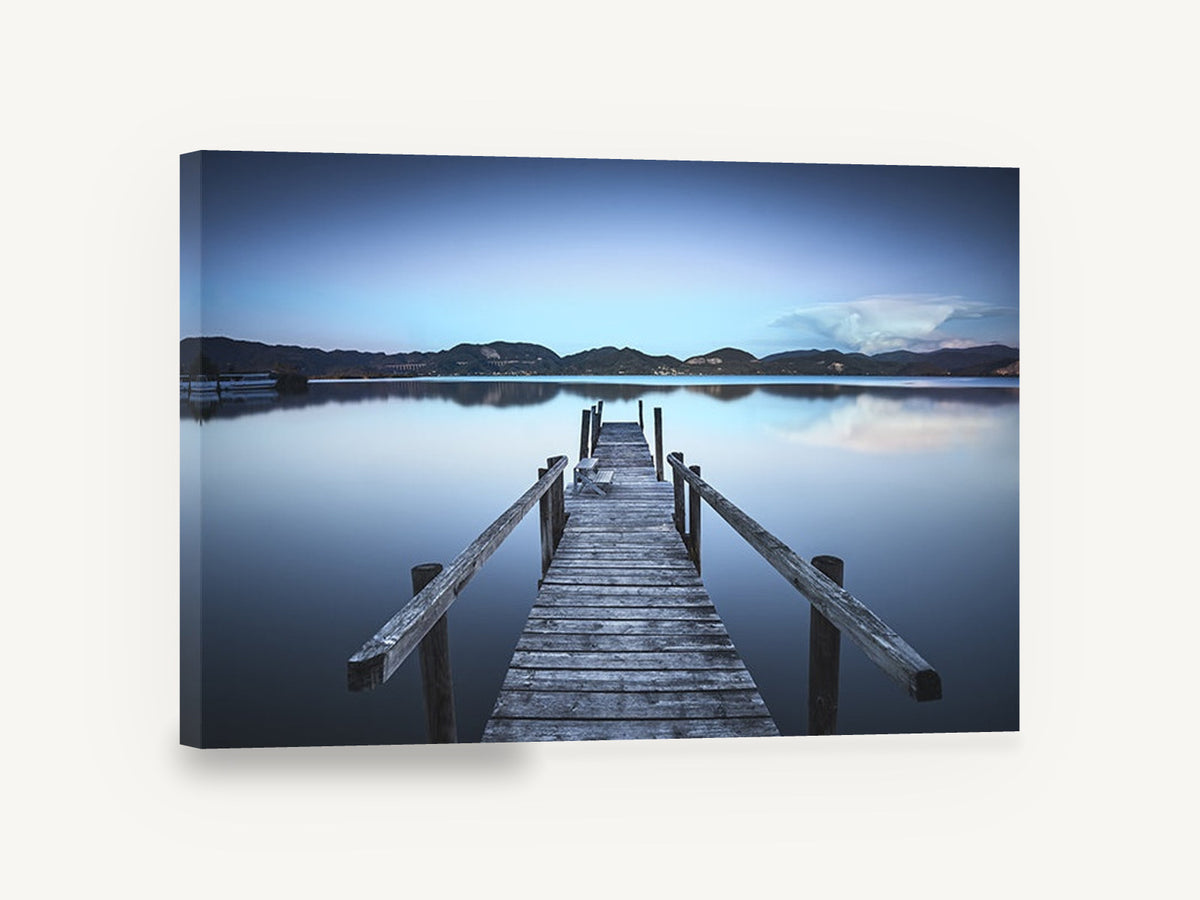 Blue Hour Jetty, wooden jetty blue lake photograph, landscape canvas wall art print ready to hang