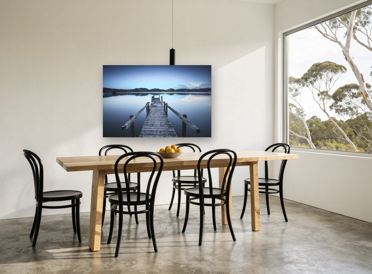 Blue Hour Jetty landscape canvas print on the wall of a dining room