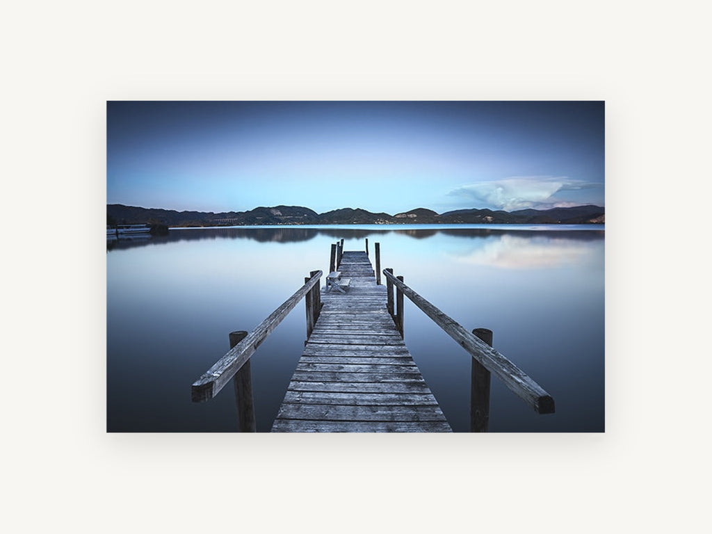 Blue Hour Jetty, wooden jetty blue lake photograph, landscape canvas wall art print, front view