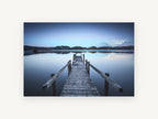 Blue Hour Jetty, wooden jetty blue lake photograph, landscape canvas wall art print, front view