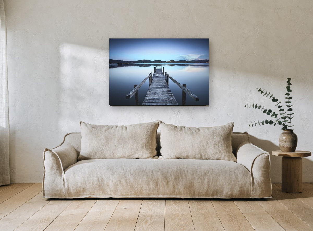 Blue Hour Jetty landscape canvas print on the wall of a living room