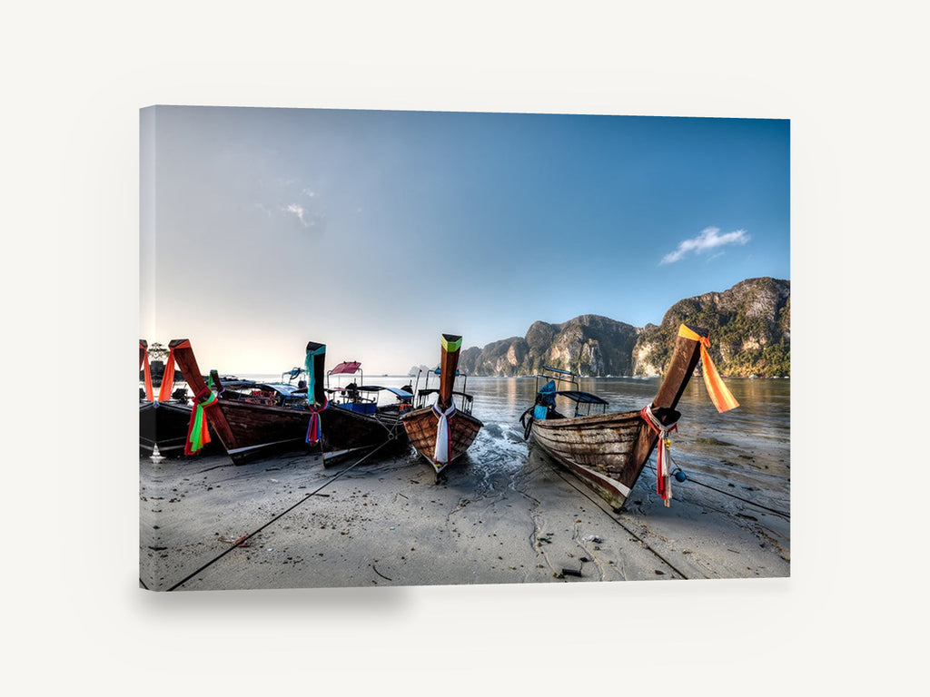 Longtails at Low Tide, thai longtail boats beach photograph, coastal canvas wall art print ready to hang