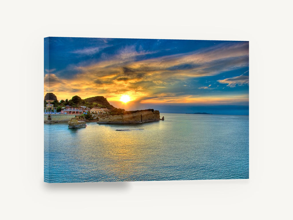 Corfu Golden Cove, corfu sunset over sandstone headland photograph, coastal canvas wall art print ready to hang