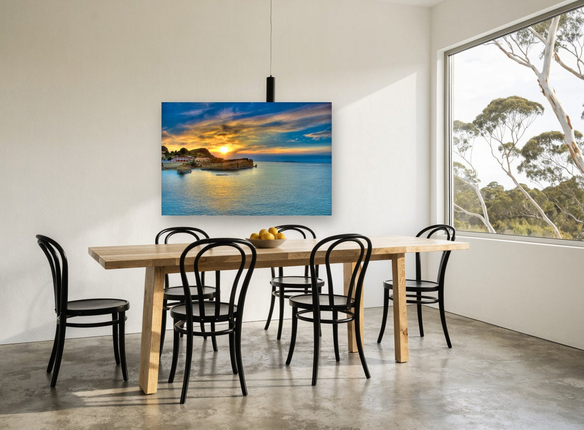 Corfu Golden Cove coastal canvas print on the wall of a dining room