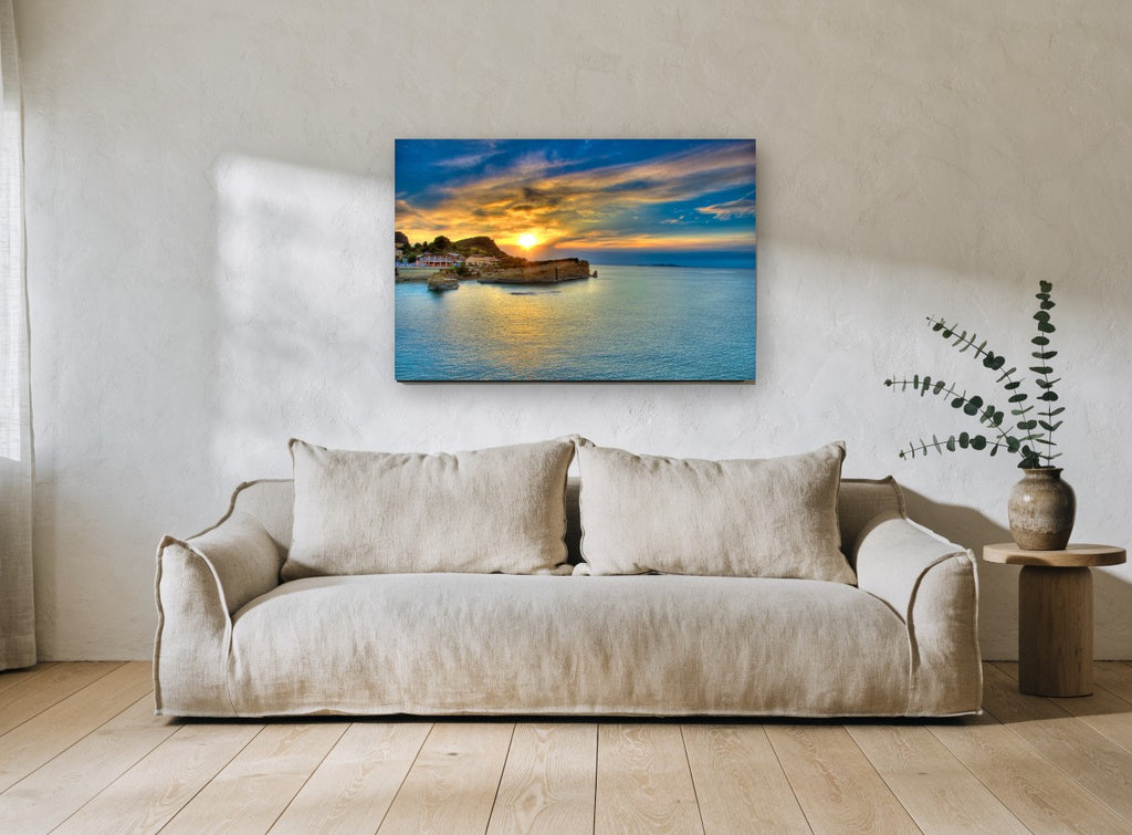 Corfu Golden Cove coastal canvas print on the wall of a living room