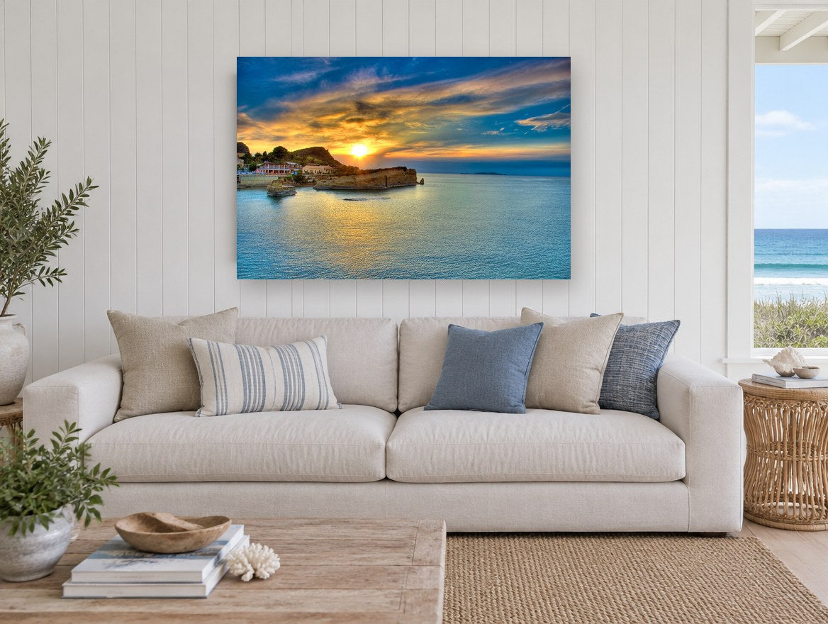 Corfu Golden Cove coastal canvas print on the wall of a beach house living room