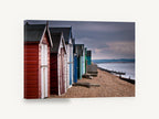 Stormlight Beach Huts, beach huts pebble shore photograph, coastal canvas wall art print ready to hang