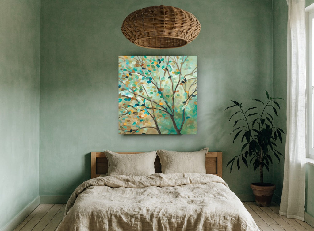 Teal Leaf Canopy landscape canvas print on the wall of a bedroom