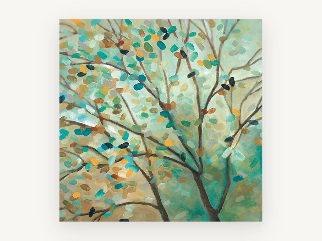 Teal Leaf Canopy, teal and gold tree canopy painting, landscape canvas wall art print, front view