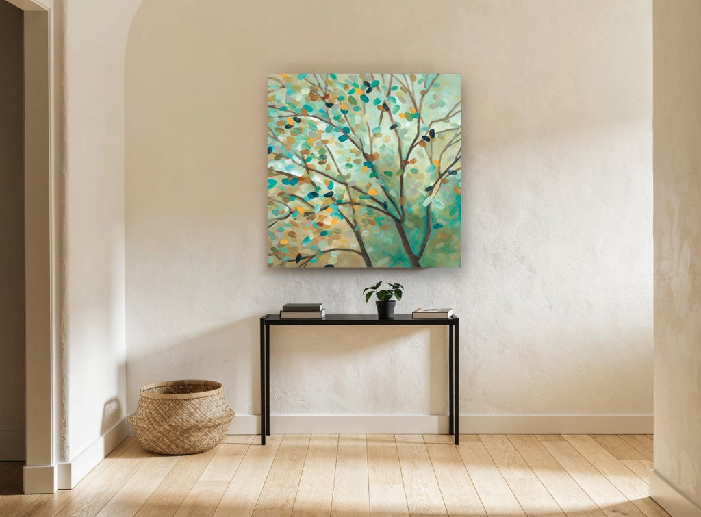 Teal Leaf Canopy landscape canvas print on the wall of a hallway