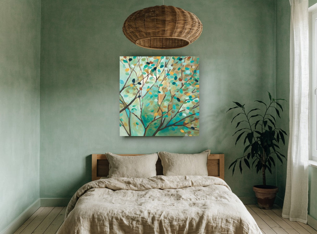 Verdigris Branch Mosaic landscape canvas print on the wall of a bedroom