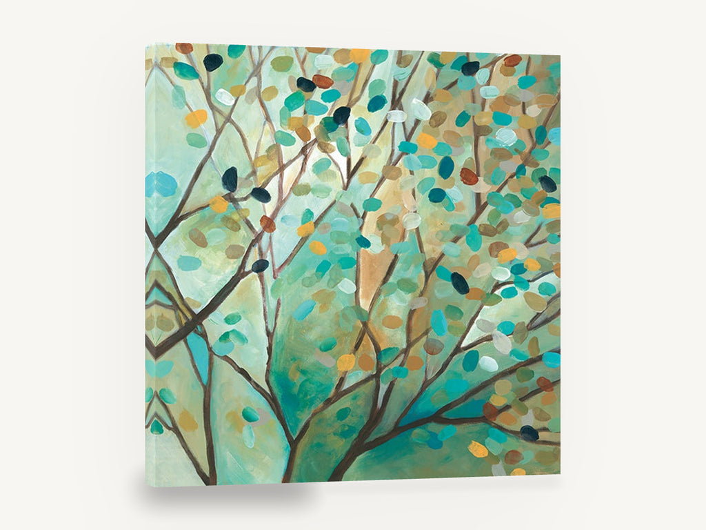 Verdigris Branch Mosaic, teal leaf tree branches painting, landscape canvas wall art print ready to hang