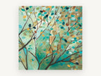 Verdigris Branch Mosaic, teal leaf tree branches painting, landscape canvas wall art print, front view