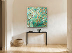 Verdigris Branch Mosaic landscape canvas print on the wall of a hallway