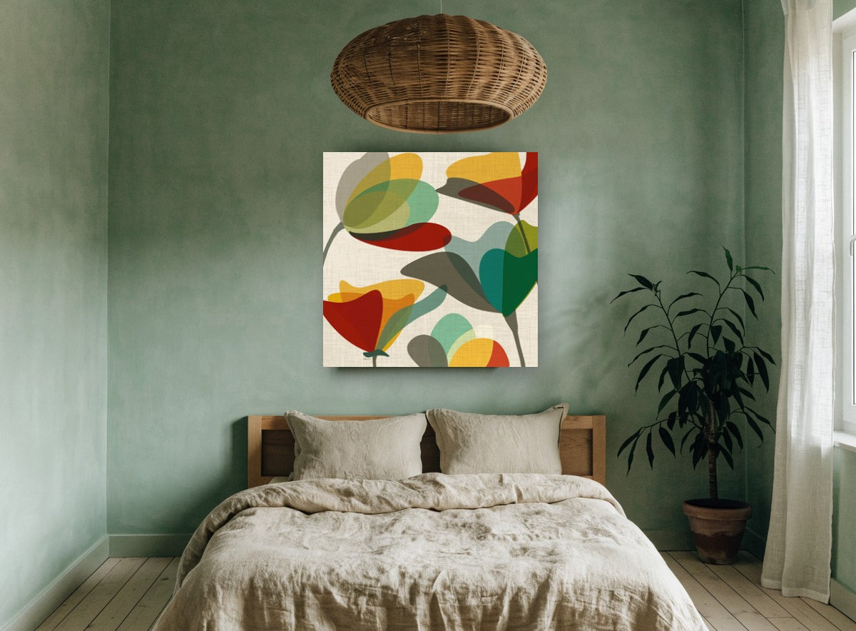 Overlapping Tulip Shapes floral canvas print on the wall of a bedroom