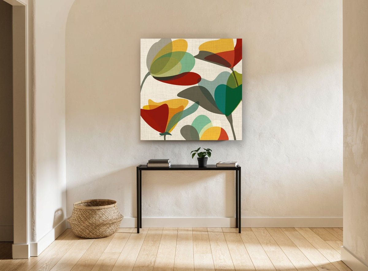 Overlapping Tulip Shapes floral canvas print on the wall of a hallway