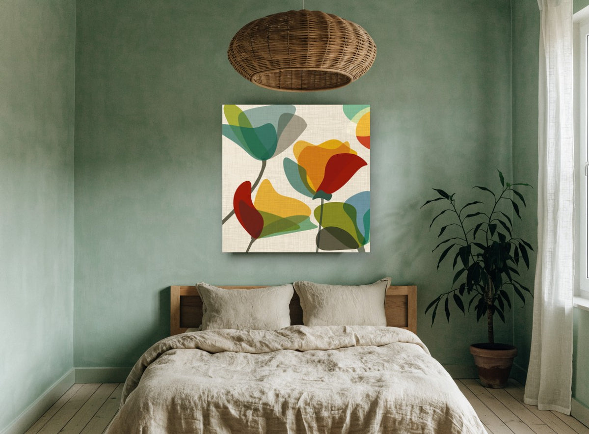 Overlapping Poppy Shapes floral canvas print on the wall of a bedroom