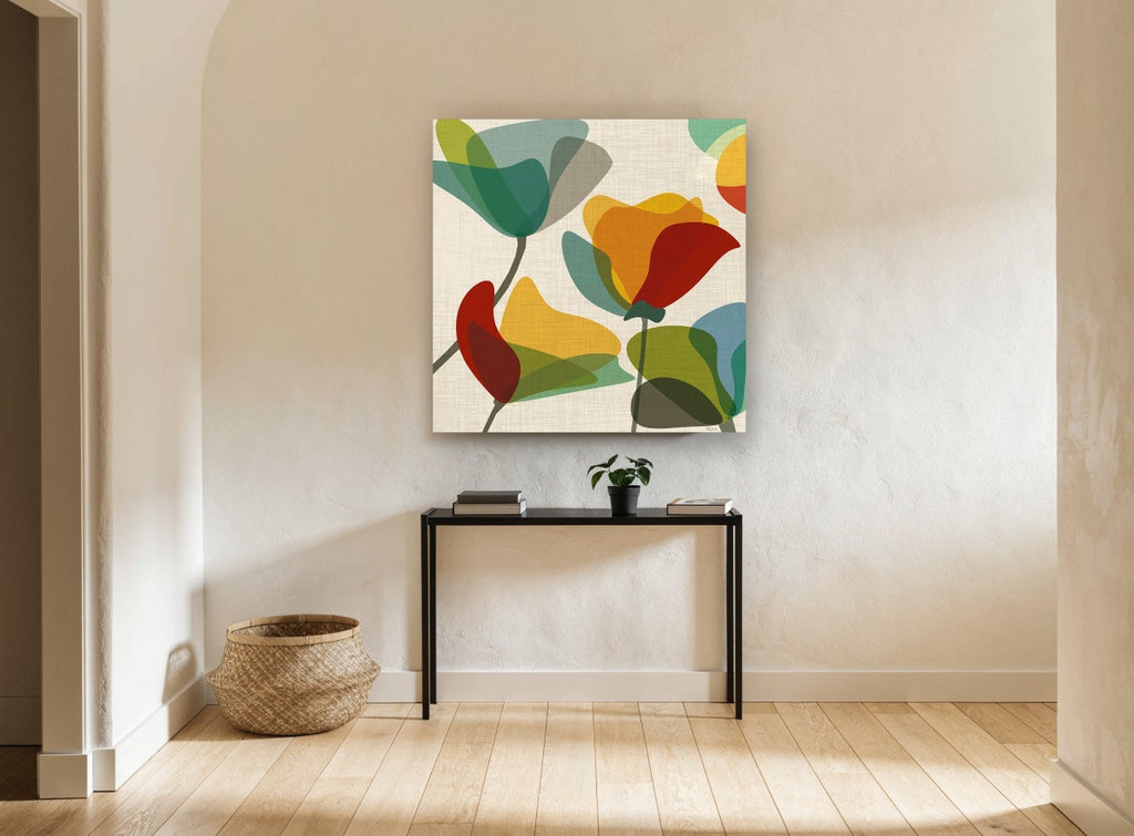 Overlapping Poppy Shapes floral canvas print on the wall of a hallway