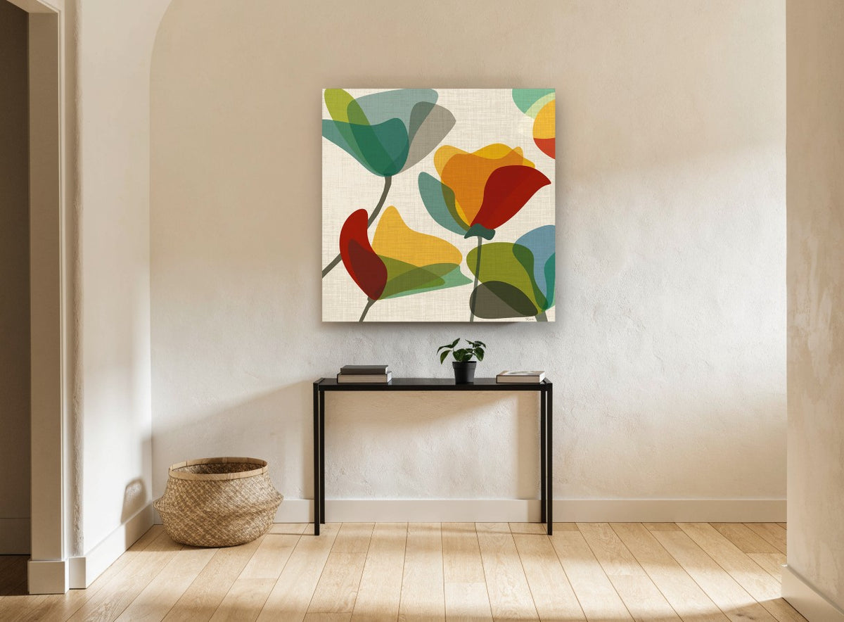 Overlapping Poppy Shapes floral canvas print on the wall of a hallway