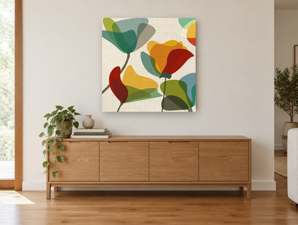 Overlapping Poppy Shapes floral canvas print on the wall of a living room above a sideboard