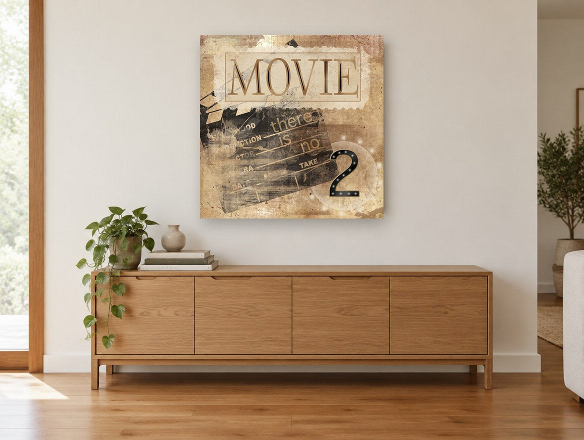 Movie, No Take Two vintage canvas print on the wall of a living room above a sideboard