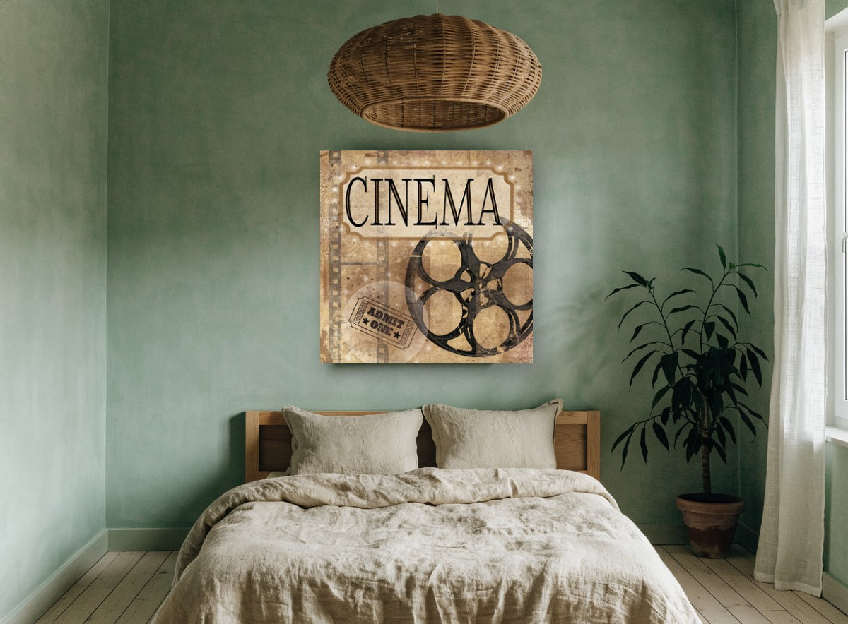 Cinema Reel and Ticket vintage canvas print on the wall of a bedroom