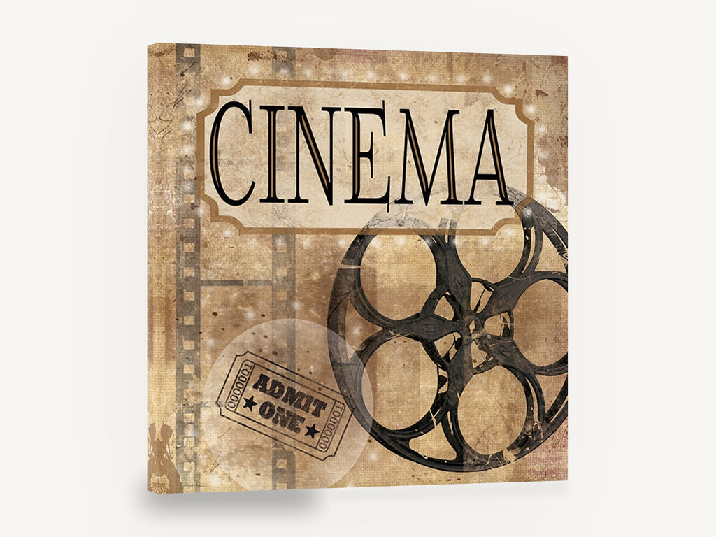 Cinema Reel and Ticket, vintage cinema film reel sign, stretched canvas wall art print ready to hang