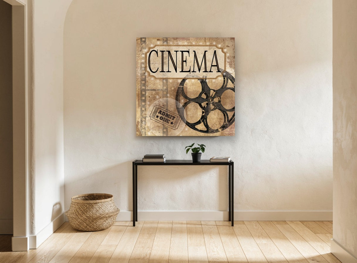 Cinema Reel and Ticket vintage canvas print on the wall of a hallway