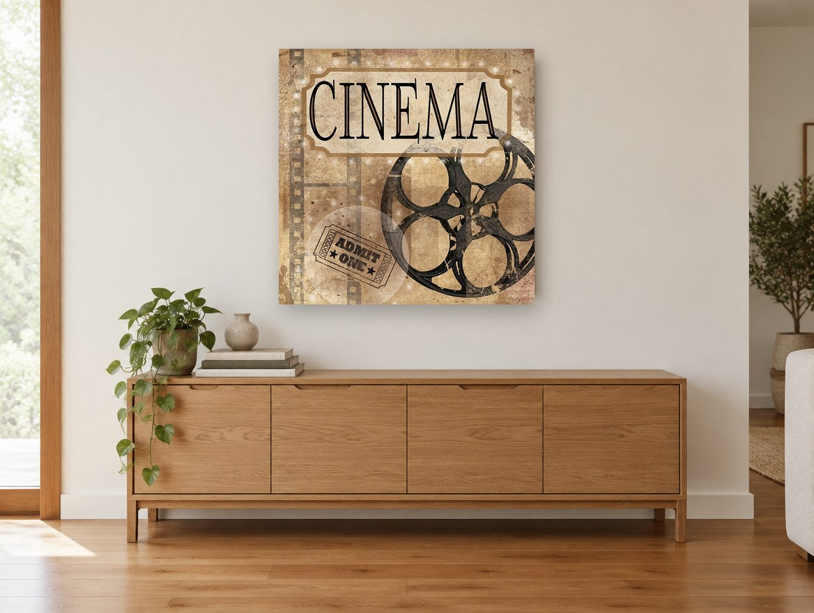 Cinema Reel and Ticket vintage canvas print on the wall of a living room above a sideboard
