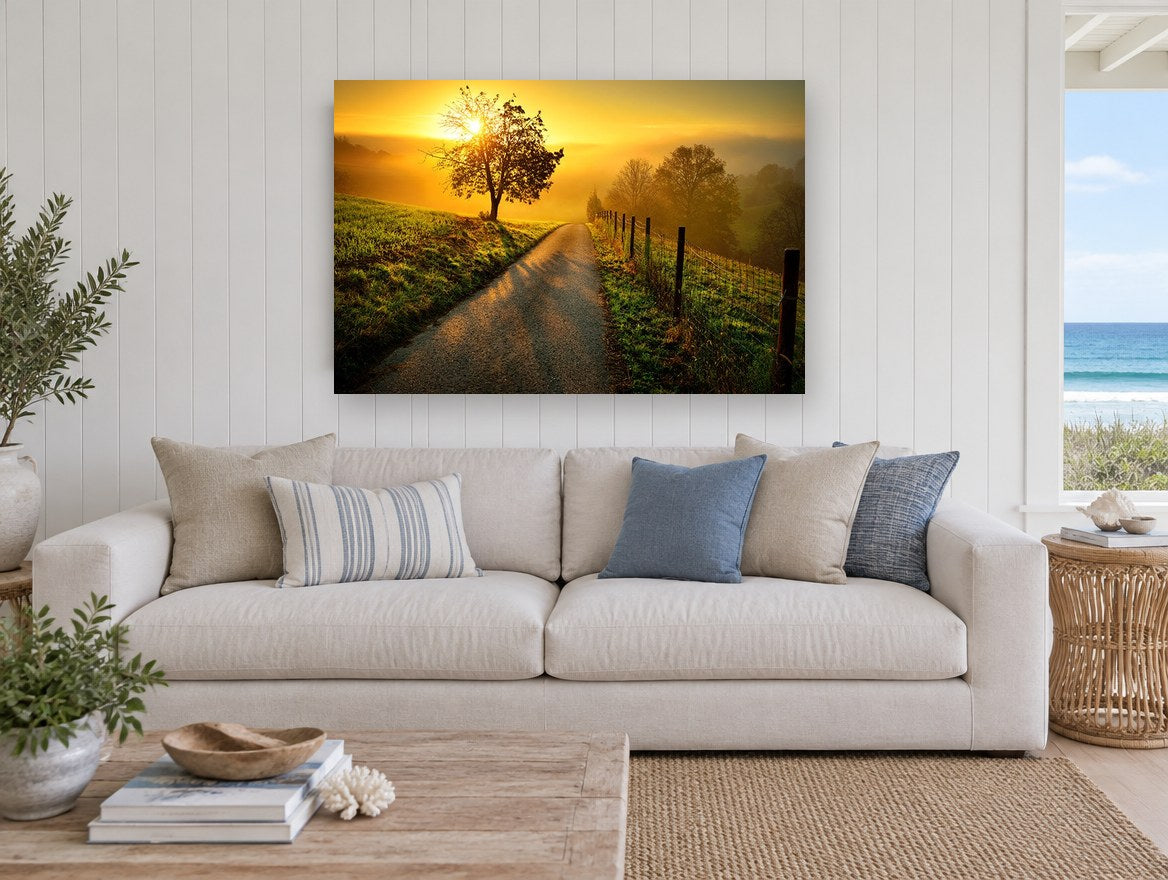 Golden Lane Sunrise landscape canvas print on the wall of a beach house living room