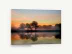 Amber Dawn Reflections, misty sunrise lake tree reflection photograph, landscape canvas wall art print ready to hang