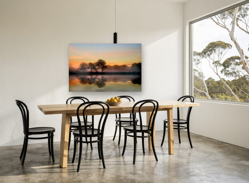 Amber Dawn Reflections landscape canvas print on the wall of a dining room