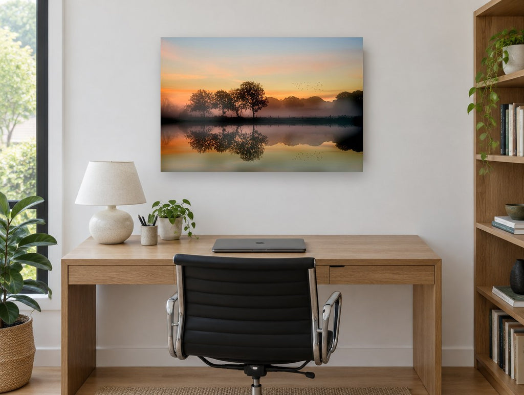 Amber Dawn Reflections landscape canvas print on the wall of a study