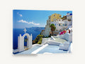 Santorini Bell Tower View, santorini whitewashed village ocean photograph, coastal canvas wall art print ready to hang