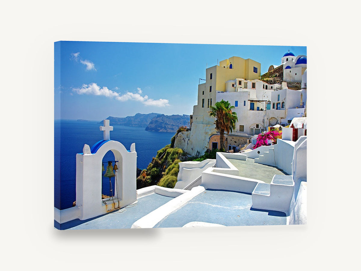Santorini Bell Tower View, santorini whitewashed village ocean photograph, coastal canvas wall art print ready to hang