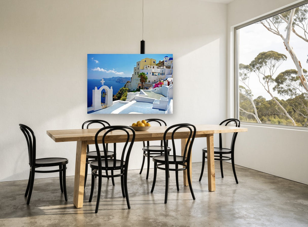 Santorini Bell Tower View coastal canvas print on the wall of a dining room