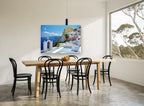 Santorini Bell Tower View coastal canvas print on the wall of a dining room