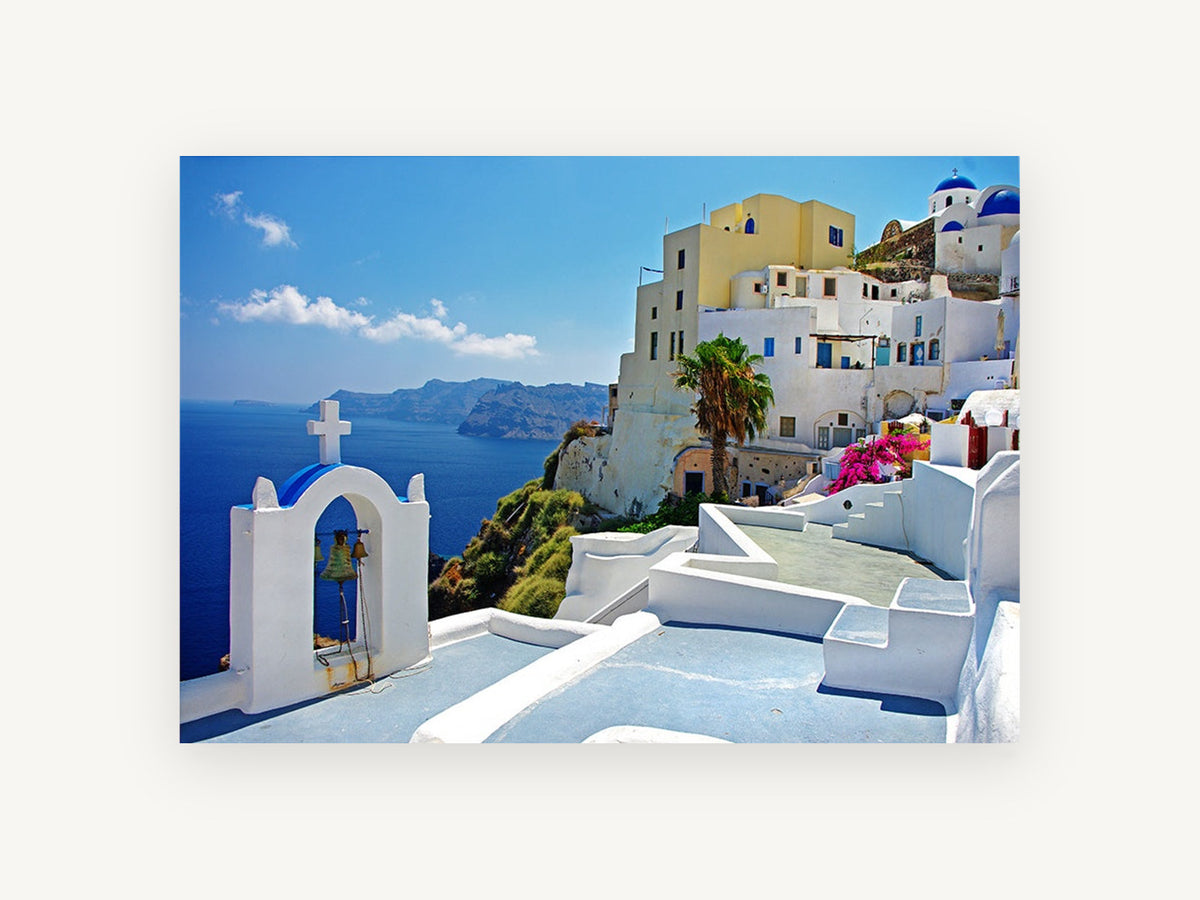 Santorini Bell Tower View, coastal canvas wall art print, front view