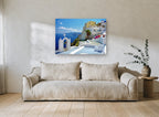 Santorini Bell Tower View coastal canvas print on the wall of a living room