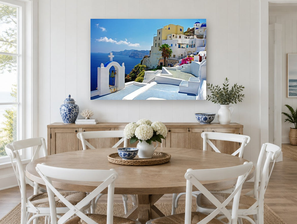 Santorini Bell Tower View coastal canvas print on the wall of a Hamptons dining room
