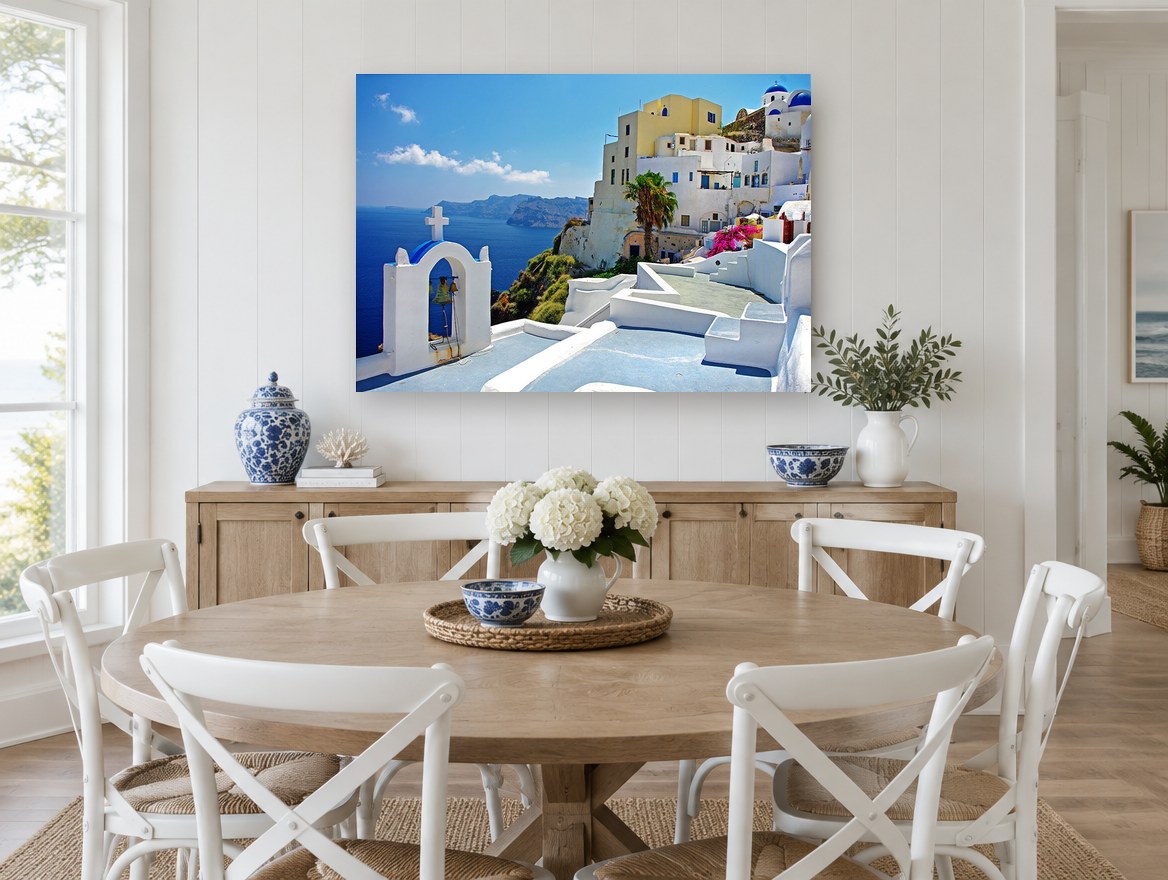 Santorini Bell Tower View coastal canvas print on the wall of a Hamptons dining room
