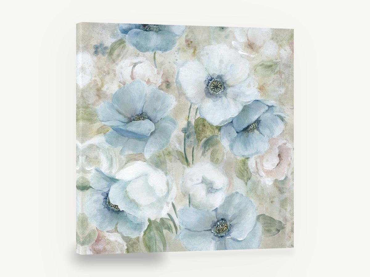 Soft Blue Anemones, blue and white anemone floral painting, floral canvas wall art print ready to hang
