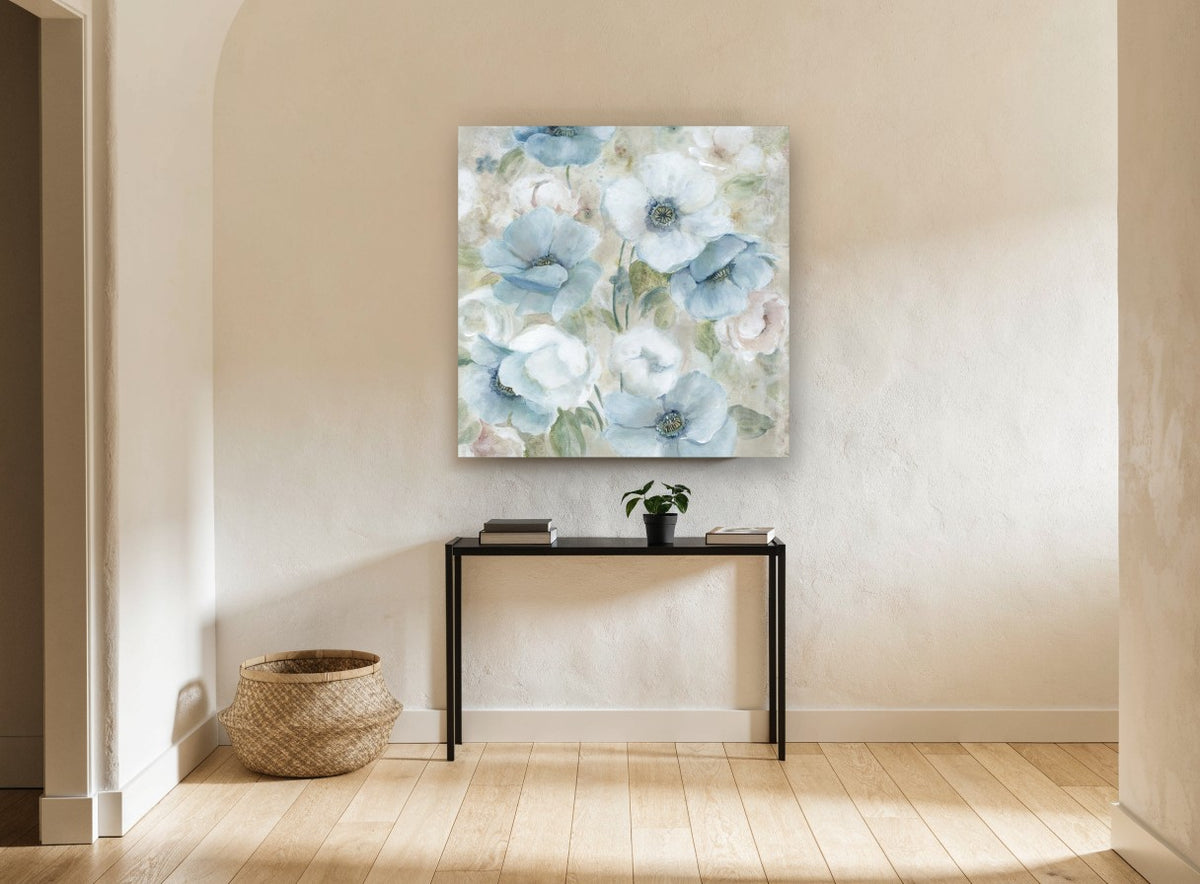Soft Blue Anemones floral canvas print on the wall of a hallway