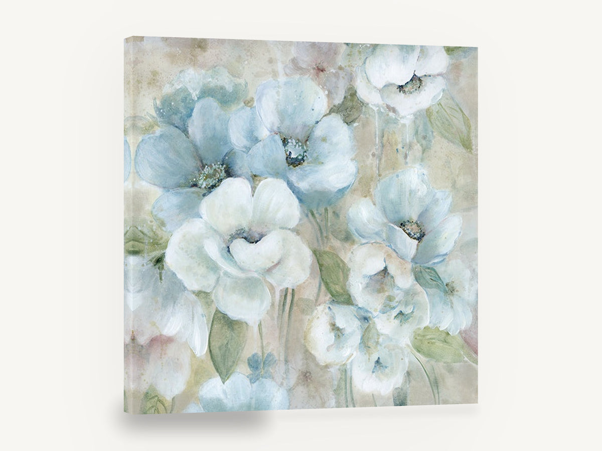 Pale Blue Garden, soft blue white poppy floral painting, floral canvas wall art print ready to hang
