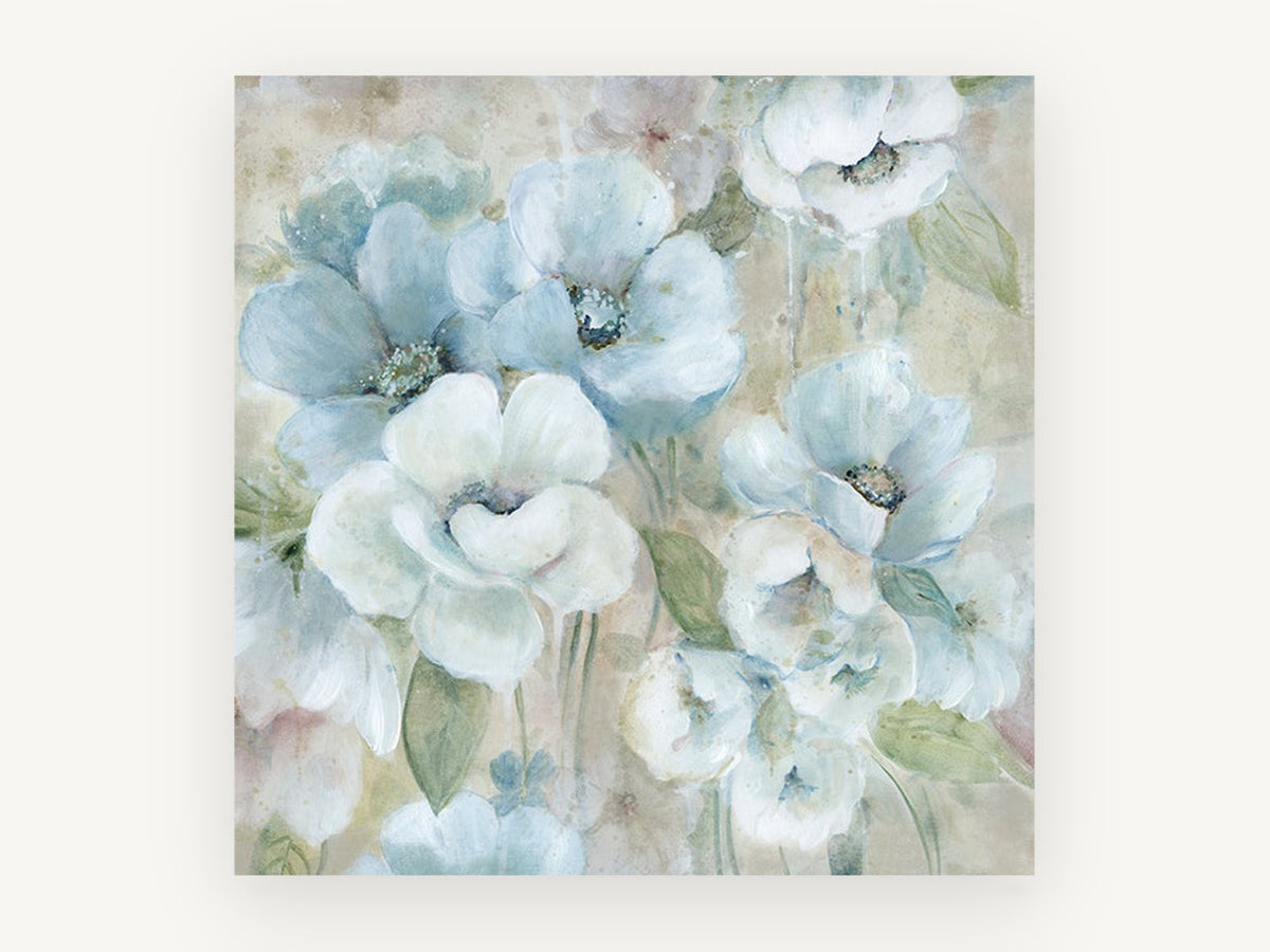 Pale Blue Garden, floral canvas wall art print, front view