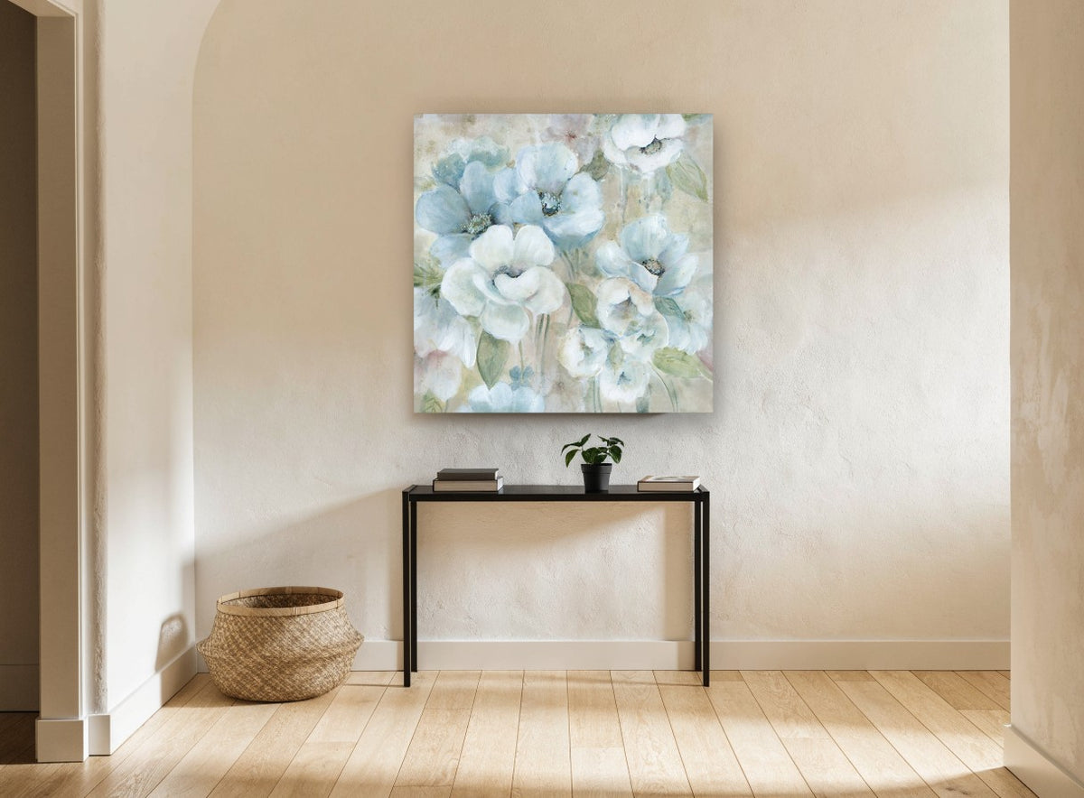 Pale Blue Garden floral canvas print on the wall of a hallway
