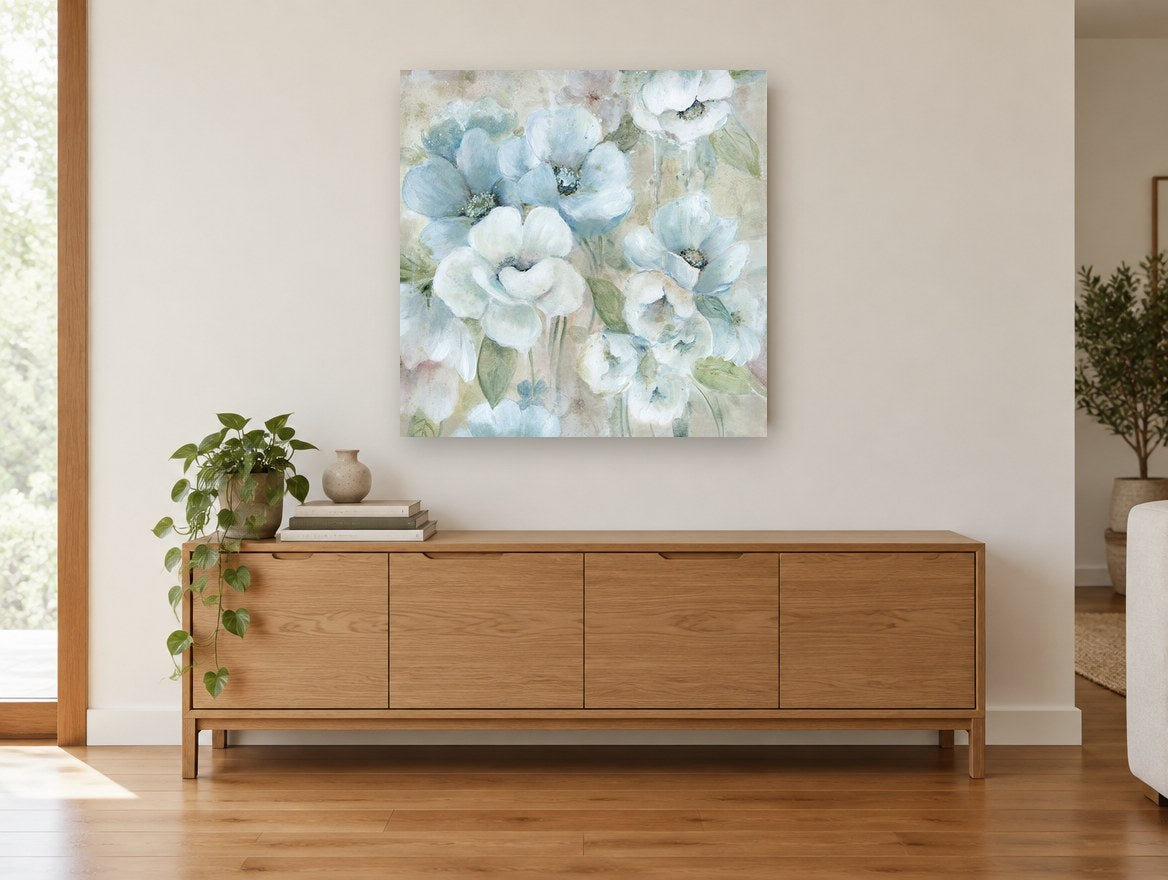 Pale Blue Garden floral canvas print on the wall of a living room above a sideboard